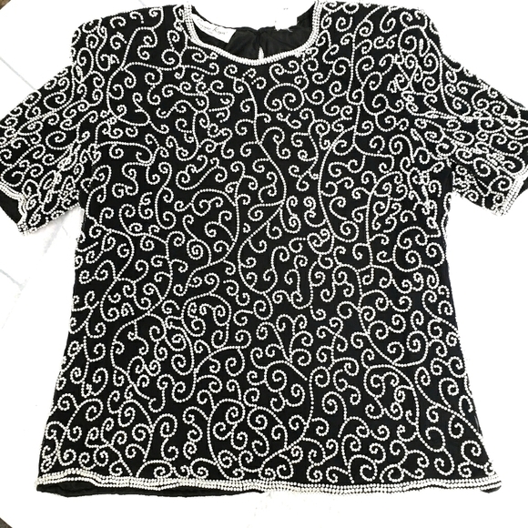 Vintage Laurence Kazar Pearl Beaded Black Top EUC - Picture 5 of 15